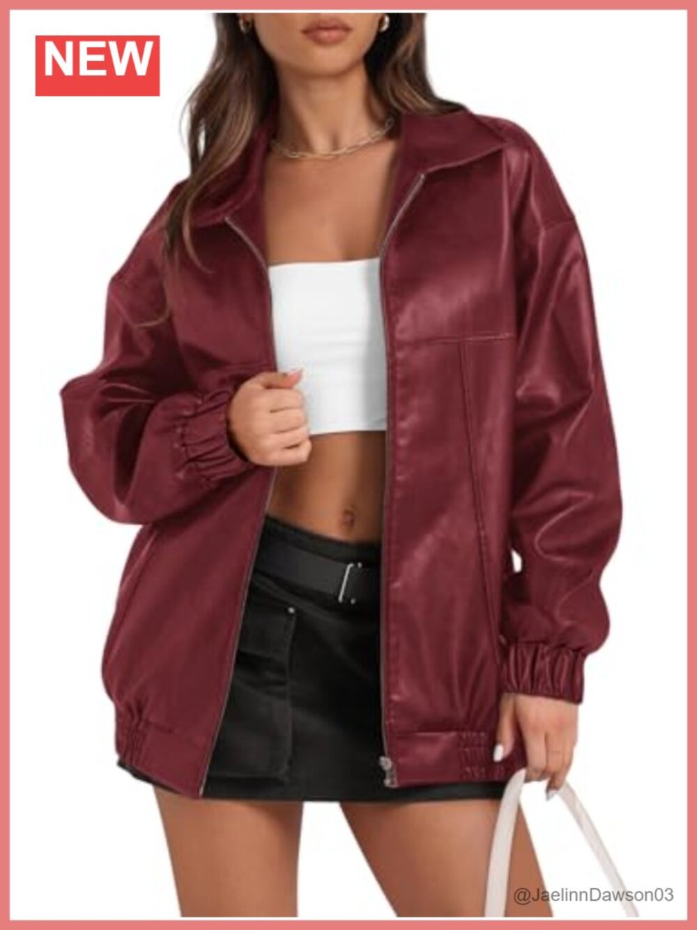 Women's Oversized Faux Leather Motorcycle Jacket Zip Up Moto Biker Coat